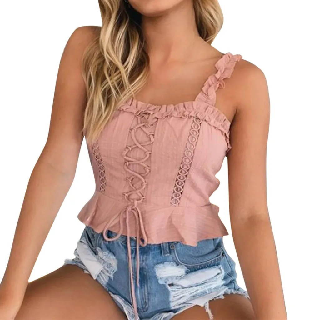 Женский укороченный топ на бретельках летние топы с кружевными оборками жилет