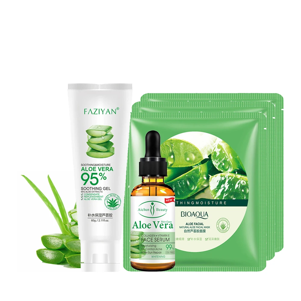

95% Facial Aloe Vera Serum Soothes Skin Face Moisturize Mask Repairing After Sun Cream Gel Acne Treatment Cosmetics Care Set