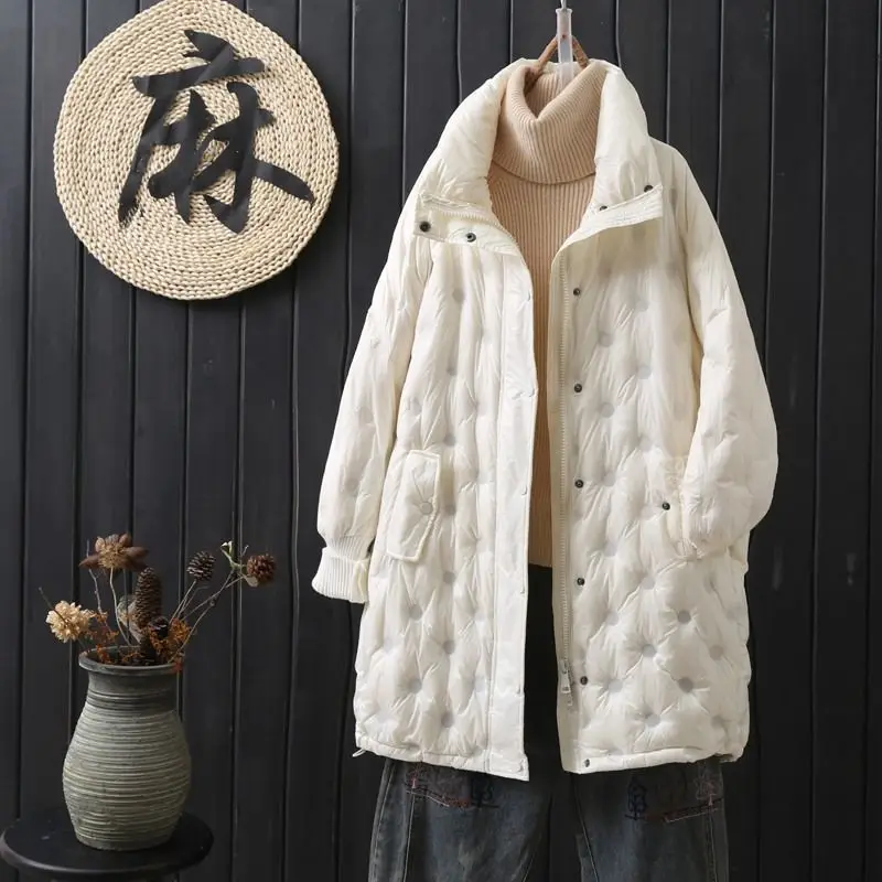 

Winter Loose Bread Collar round Body Dot Crumpled Mid-Length Thickened Fleece down Cotton Jacket Coat