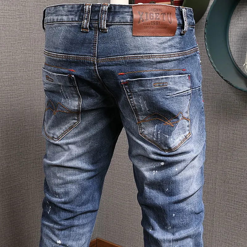 European American Vintage Fashion Men Jeans Retro Blue Elastic Slim Ripped Jeans Men Patchwork Designer Painted Denim Punk Pants