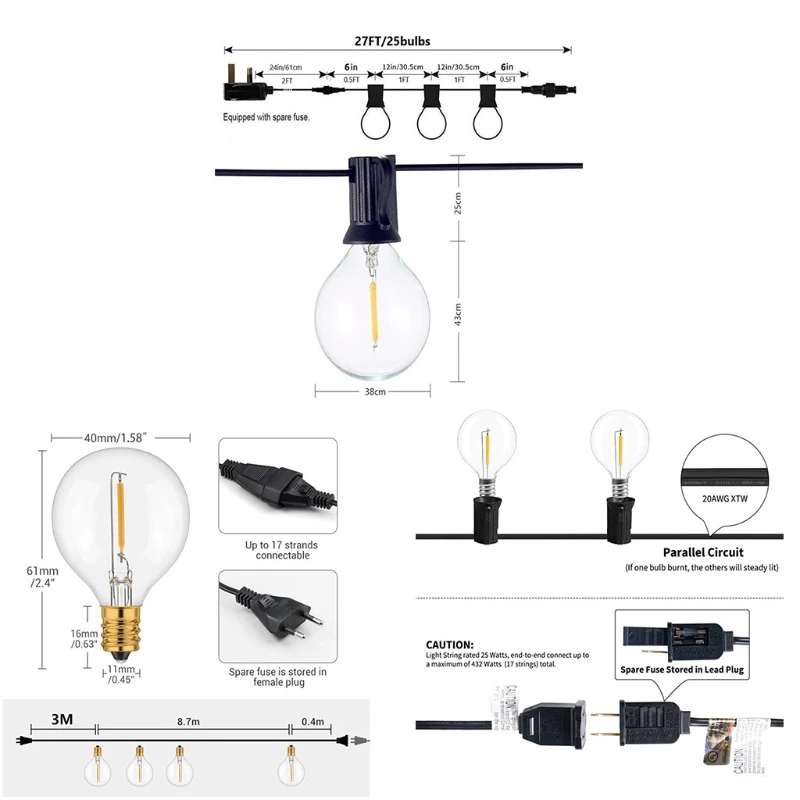 

US/UK/EU Plug 25 bulbs + 2 spare bulbs LED Imitation Tungsten Filament Lamp String Outdoorfor Wedding Party ChristIndoor Decor