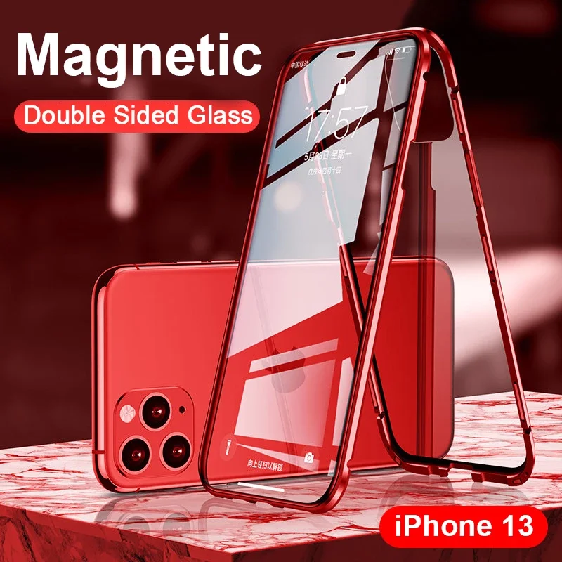 

360° Full Protective Magnetic Adsorption Case for iPhone 13 Mini 12 11 Pro XS Max XR X 8 7 Plus SE 2020 Double Glass Metal Cover