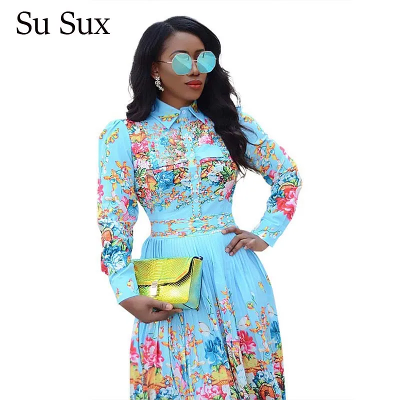 

Plus Size 5XL Pleated Dress African Dresses For Women Elegant Floral Long Sleeve Office Lady Mini Dress Robe 2020 Spring Blue