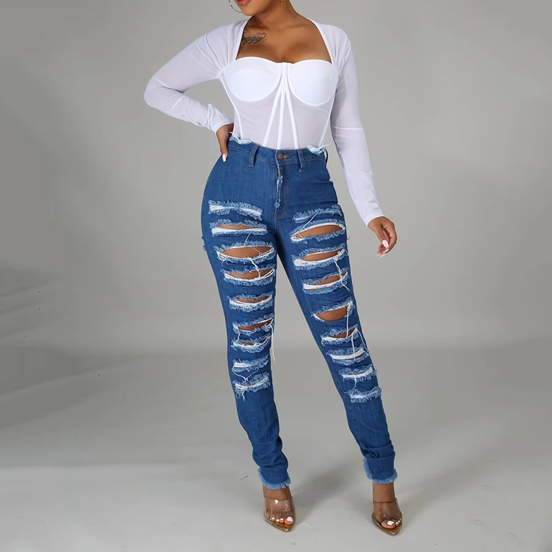 

Women Sexy High Waist Cutout Ripped Denim Skinny Pants Jeans