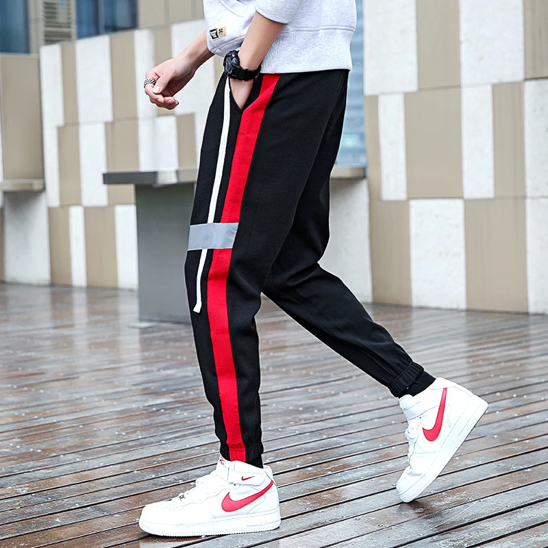 

Men's trousers summer new slim fit ankle reflective stripe trousers loose nine cent casual sport pants youth wear Men M-4XL
