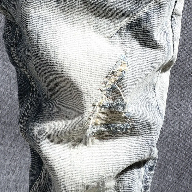 European Street Fashion Men Jeans Retro Distressed Elastic Slim Ripped Jeans Men Vintage Patchwork Designer Casual Denim Pants