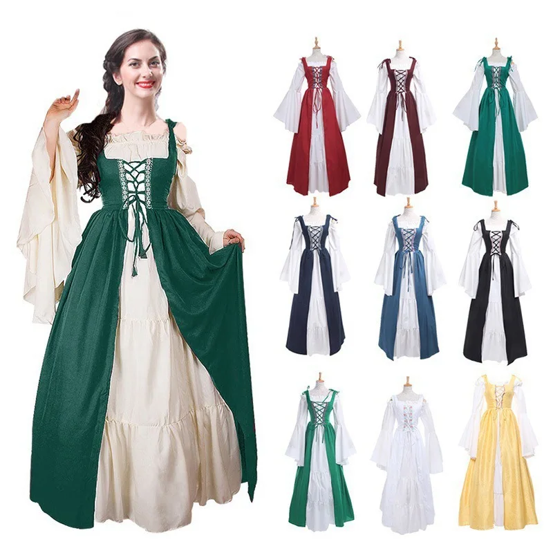 

Women Retro Medieval Costume Maxi Long Gown Dress Victorian Sleeve Robe Back Lace-Up Vintage Palace Dress DL5675