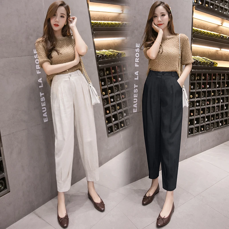 Женские льняные брюки REALEFT белые повседневные штаны-шаровары с высокой талией и