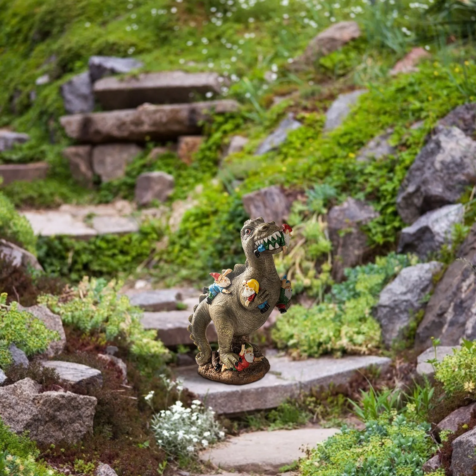 

Garden Dinosaur Eating Gnome Statues Decoration Creative Art Outdoor Ornaments Indoor Desktop Craft Lawn Sculptures Landscape