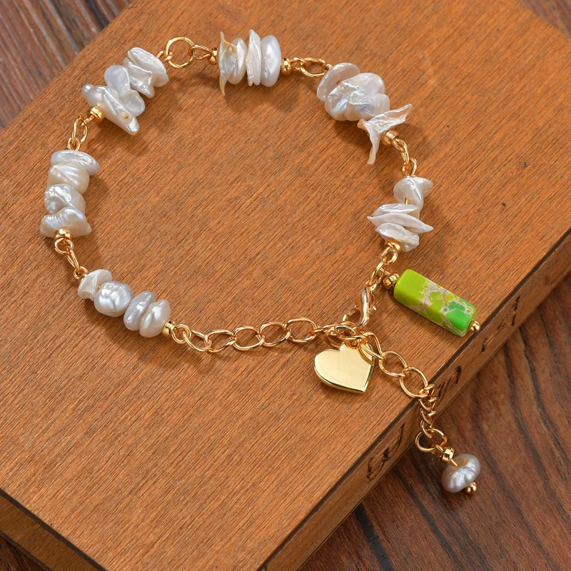 New Women Irregular Natural Freshwater Pearl Charm Baroque Link Chain Bracelets Stone Heart Shaped Pendant Bracelet Gift | Украшения и