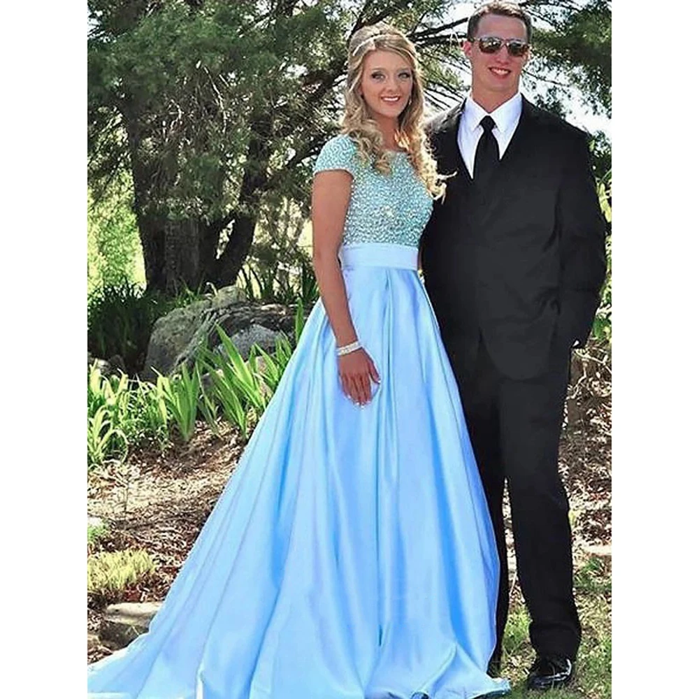 Сдержанные синие платья для выпускного вечера Длинные атласные вечерние а