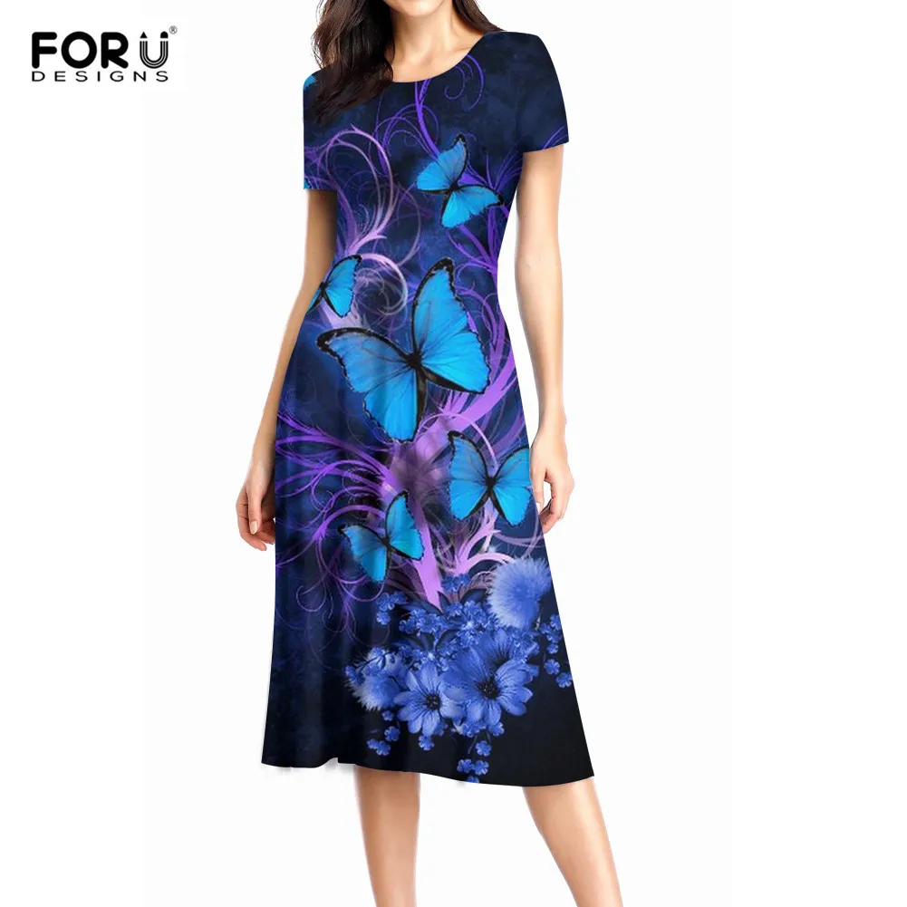 

FORUDESIGNS Beautiful Butterflies Design Women Dress Short Sleeves 3D Girls Knee-length Party Dress Ladies O-neck Midi Falda