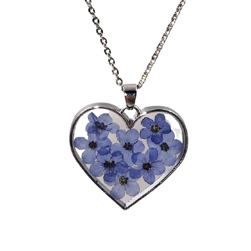 

2021 New Blue Forget Me Not Dry Flower Necklace Jewelry Heart Shape Small Pendant Necklace Silvery Jewelry Gift for Women