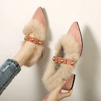 womens warm and comfortable plush shoes pointed toe rivet shoes non slip loafers mid heel autumn and winter thick heeled