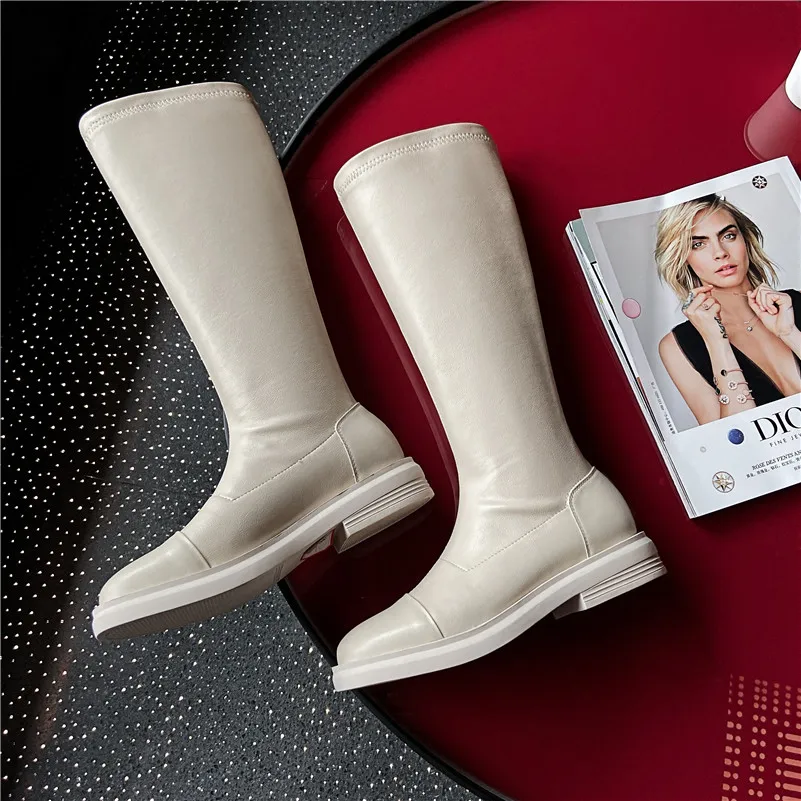 

ANNYMOLI Knee High Boots Women Shoes Real Leather Flats Platform Riding Boots Slip On Stretch Long Boots Ladies Beige Size 40