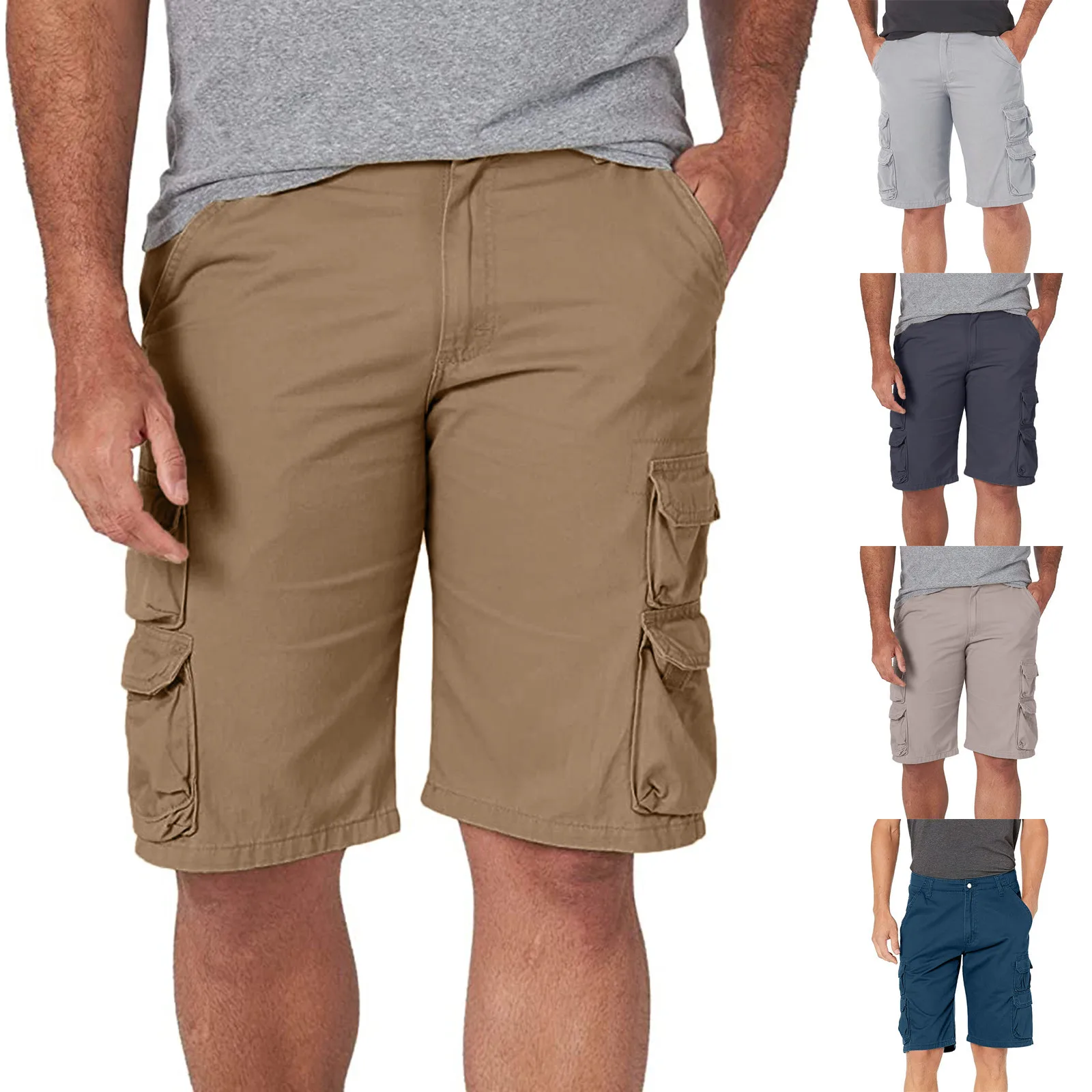 

Men's Casual Straight Solid Cargo Shorts Multi-pocket Trousers Knee Length Pant Cortos De Hombre Pantalon Hombre Шорты Мужские@Q