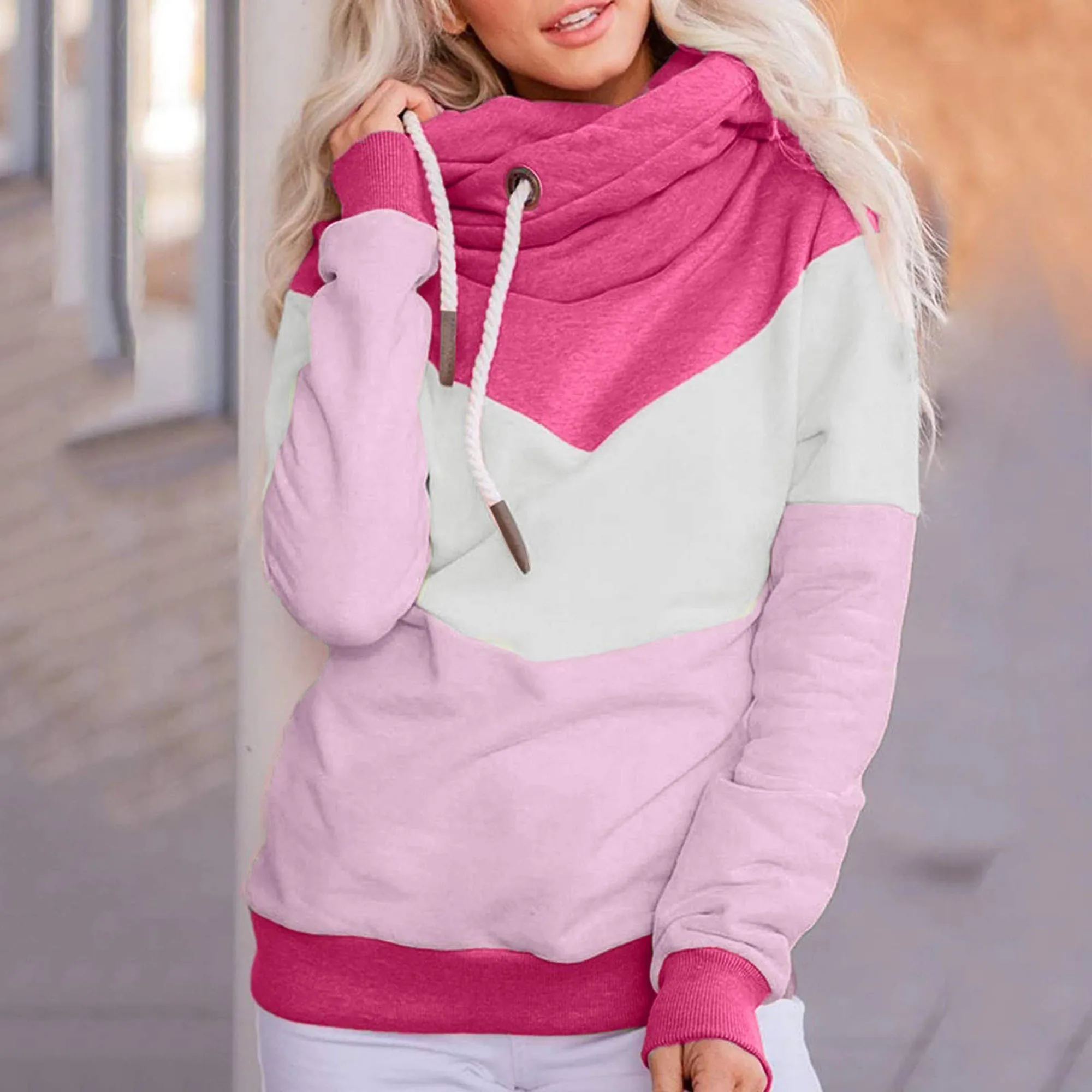 

Fashion Autumn Long Sleeve Women Sweatshirt Casual Patchwork Drawstring Pullovers Tops Lady Plus Size Pocket Hoodies Streetwear