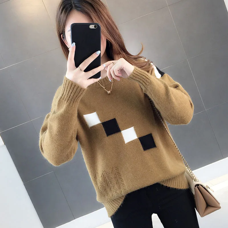 

Contrast Color Patchwork Slim O-Neck Knitted Pullover Women Elegant Hollow Out Spring Autumn Thin Sweater Korean Knitwear Tops