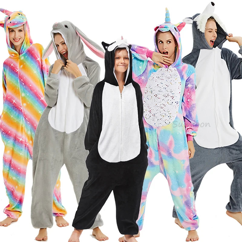 Кигуруми Единорог пижамы Зимние Животные волк панда Onesie Дети пижамы для женщин взрослых Пижама для маленьких девочек мальчиков Комбинезон Комбинезоны