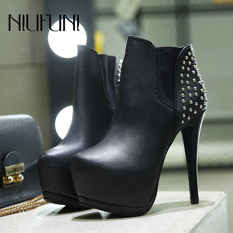 

NIUFUNI Autumn Sexy Nightclub 14CM Stiletto Rivet Women's Boots Platform Slip-On Elastic Fabric Ankle Boots Leather Shoes Black