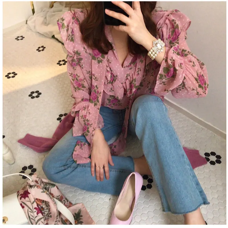 Женская шифоновая рубашка Alien Kitty элегантная свободная универсальная с цветочным