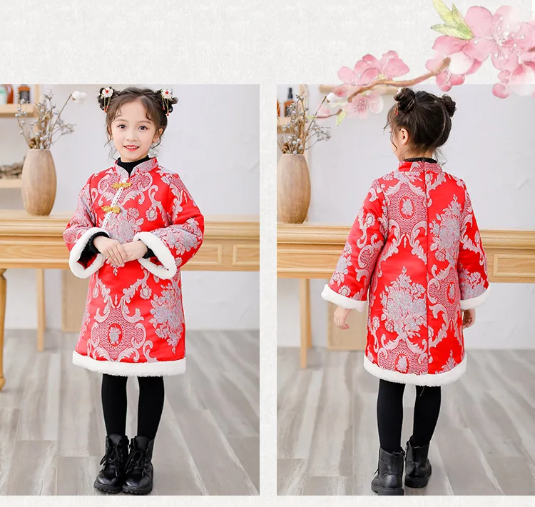 Зимняя одежда Tang для девочек платье в китайском стиле детское плотное теплое