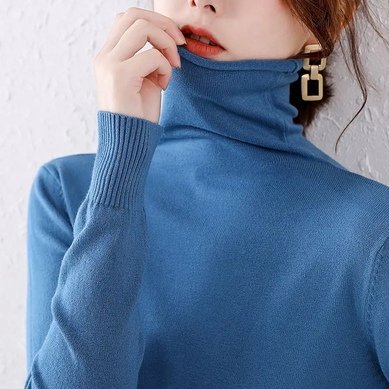 

women sweater Autumn winter women's new wool pile neck knitted high collar Pullover solid color backing versatile slim woman2021