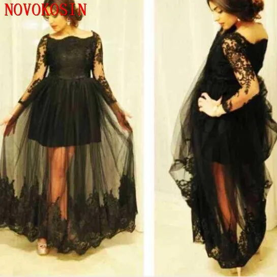 Женское платье с длинным рукавом черное кружевное для матери невесты|Платья