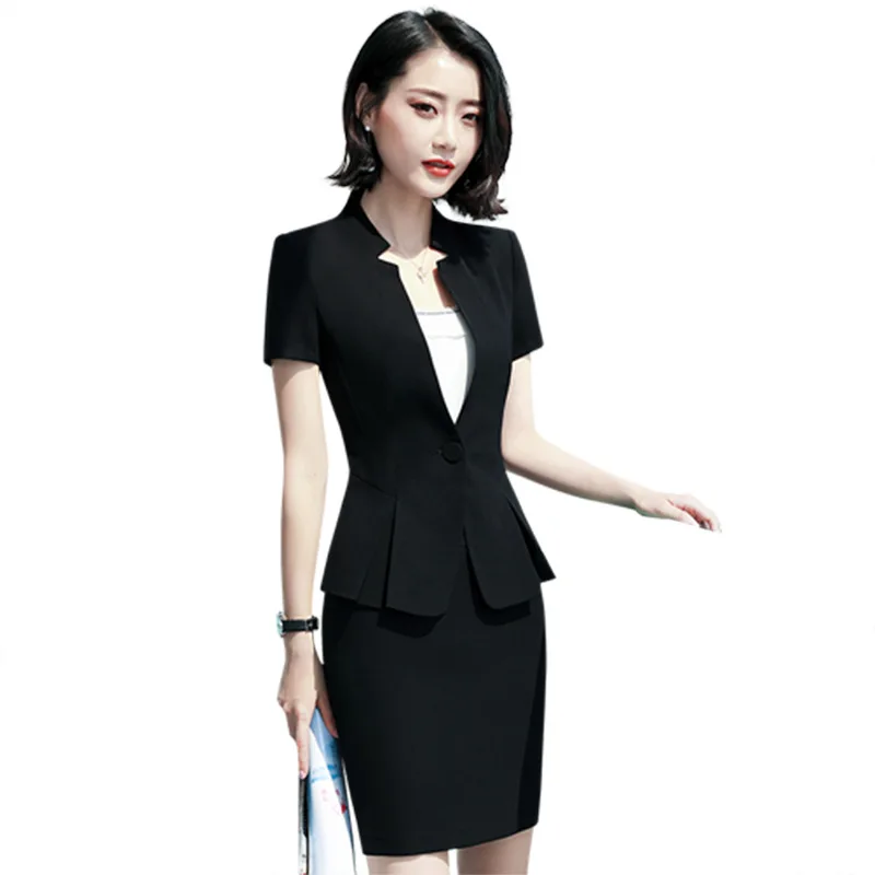 

New 2020 Summer Womens Office Suit with Skirt Ladies 2 Piece Short Sleeve Blazer and Skirt Set Business Formal Skirt Suit