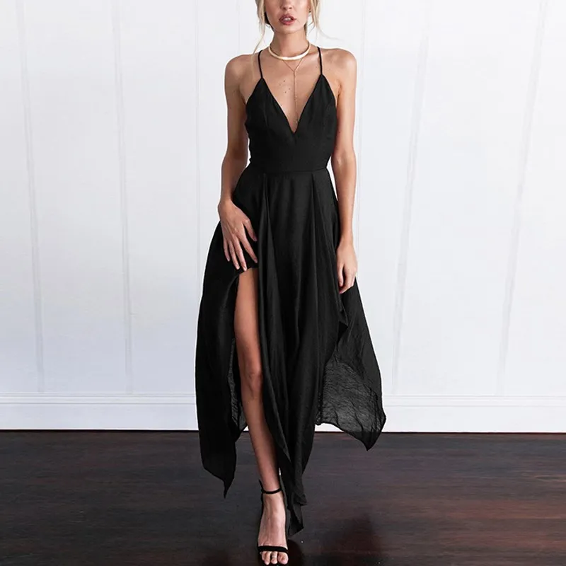 

Summer V-neck Spaghetti Starp Sleeveless Sexy Party Dress Women Asymmetrical A Line Long Dresses Cocktail Split Beach Sundress