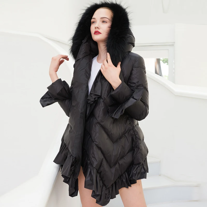 YNZZU Luxury Design Womens Down Jacket 2018 Winter Pink Ruffles Duck Down Coat Women Real Fur Hooded Warm Overcoat Belt O683