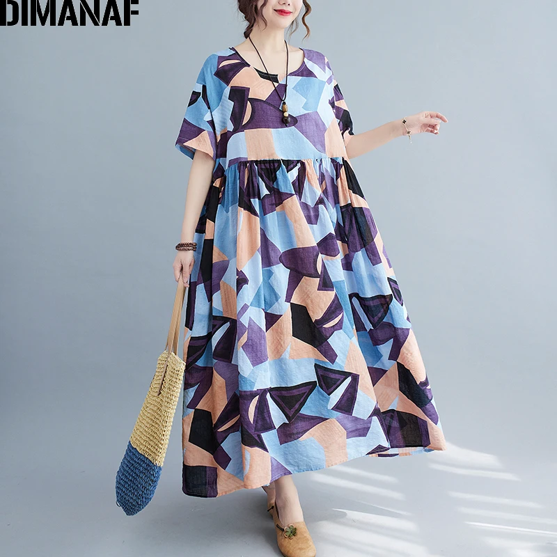 

Женский пляжный сарафан из хлопка DIMANAF, Длинное свободное платье с принтом, повседневное летнее платье большого размера 5XL, 6XL, 2021