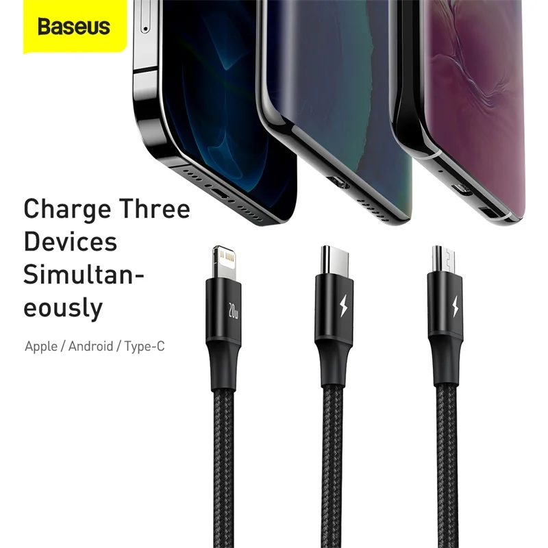 Baseus PD 20 Вт USB Type C кабель для iPhone 12 Pro Max 3 в 1 USBC Быстрая зарядка зарядный Xiaomi Samsung Micro