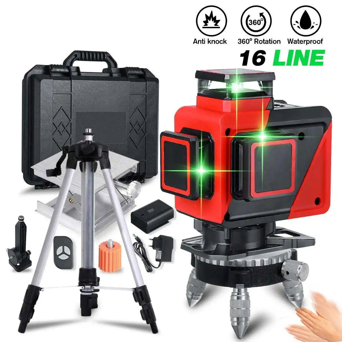 

Laser levels 16 Lines 4D Green Light Horizontal&Vertical Cross 360 Auto Self-Leveling Hand-Wave Laser Levels With Tripod & LCD