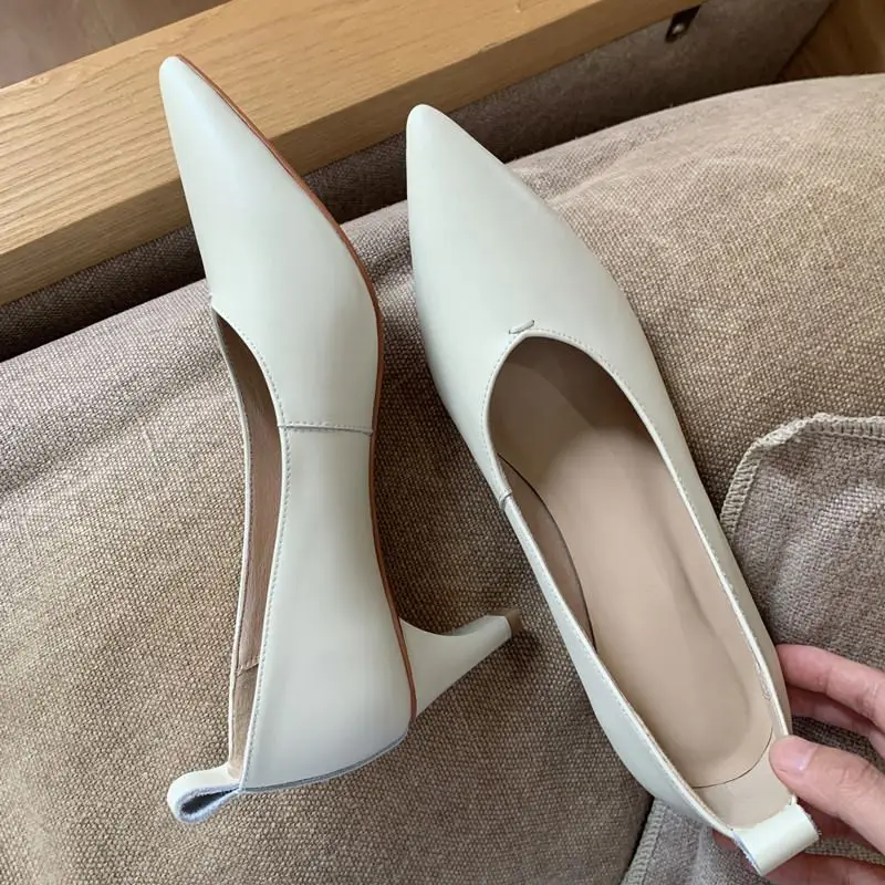 

ALLBITEFO heel height 5.5cm pointed toe soft genuine leather high heels fashion sexy kitten heels women heels shoes basic shoes