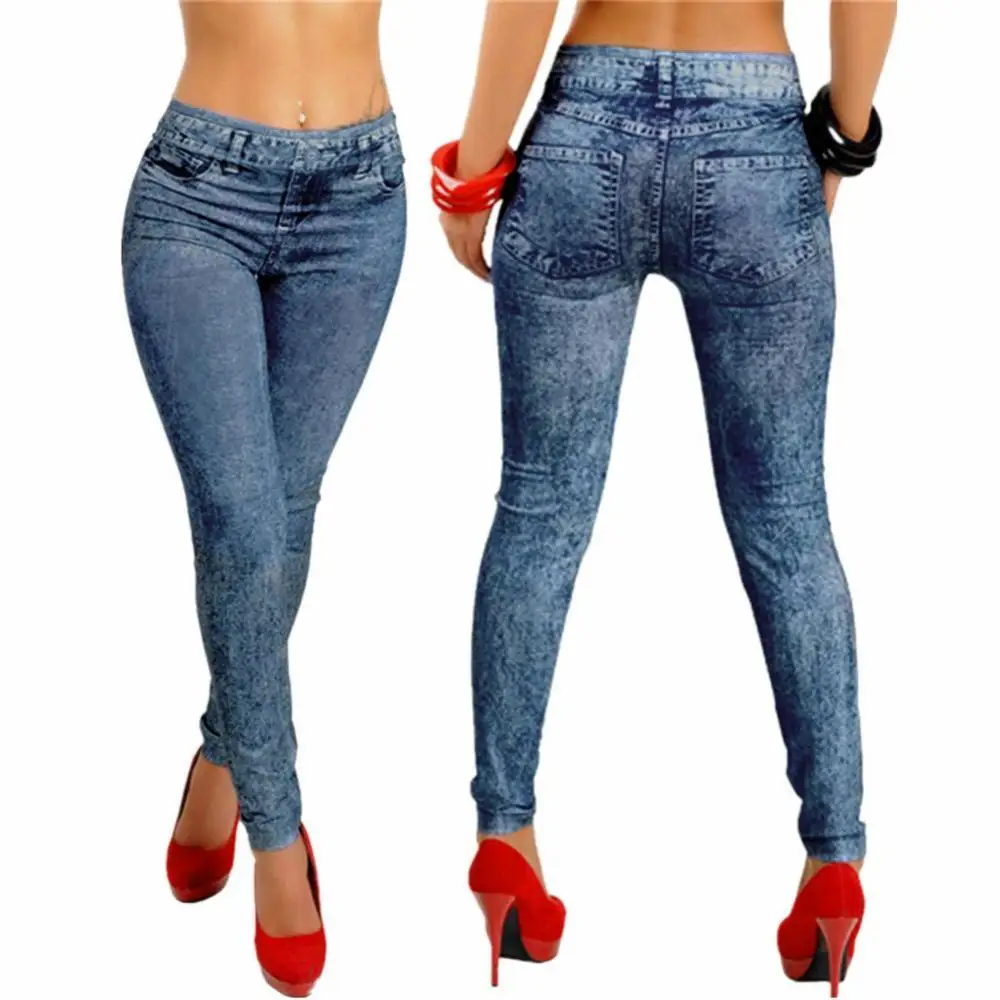 

Women Fake Jeans Vintage Leggings Blue Sexy Close-Fitting Snowflake Printed Imitated Denim Jeans Leggings