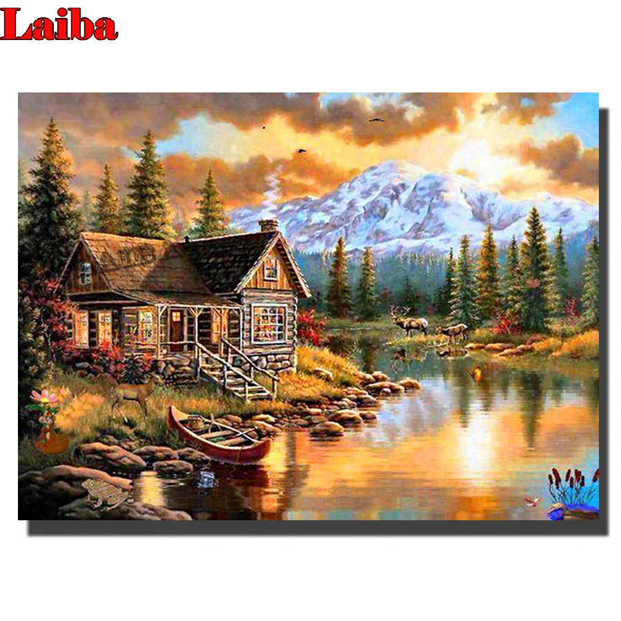 

Full Square round 5d Diy House Stream Scenery Diamond Painting Cross Stitch Rhinestones lake village Embroidery Mosaic Gift Home