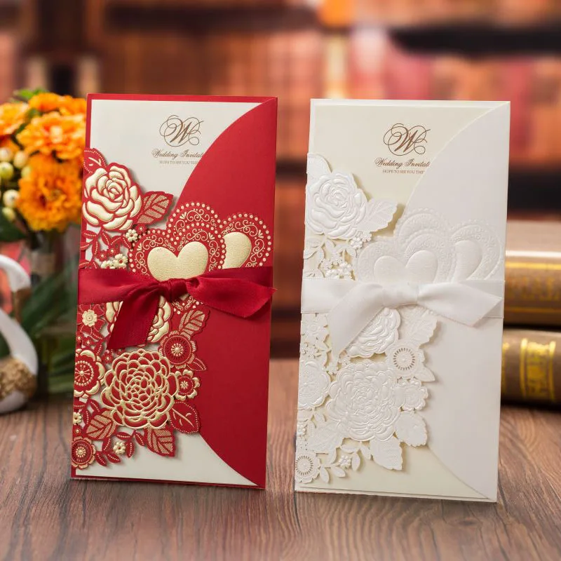 Laser Cut Hochzeit Einladungen Karten goldfolie Rose Liebe Herz Grußkarten Umschläge mit Band Hochzeit Partei Liefert 100Pcs