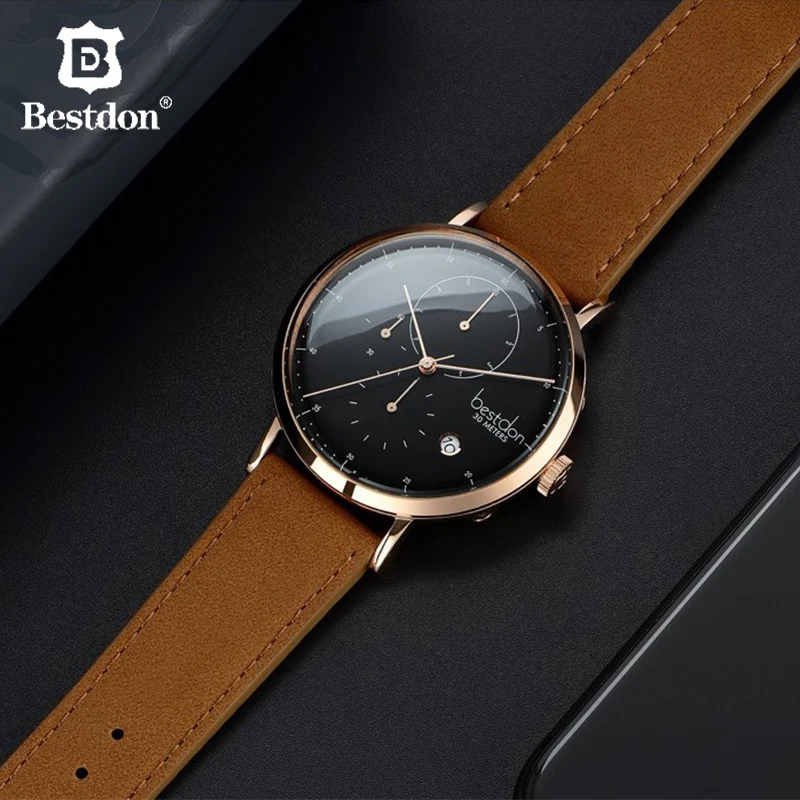 Bestdon Мужские часы с хронографом изогнутые Роскошные Водонепроницаемые кожаные