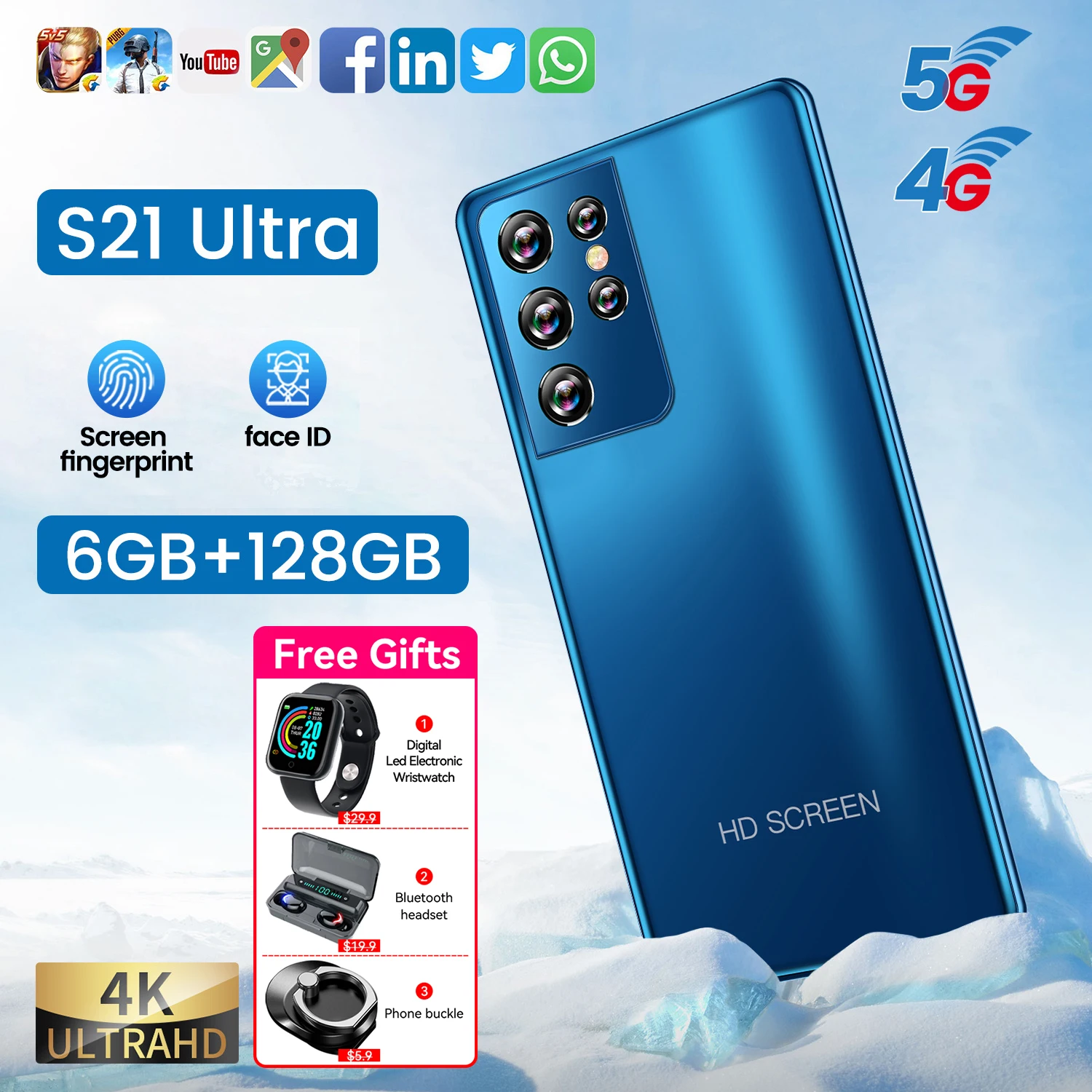 

New Arrival Cheap Phone S21 Ultra Drop Screen Smartphone 6+128G 10 Core MT6889 16MP+32MP Android 10 4G 5G Fingerprint Face ID
