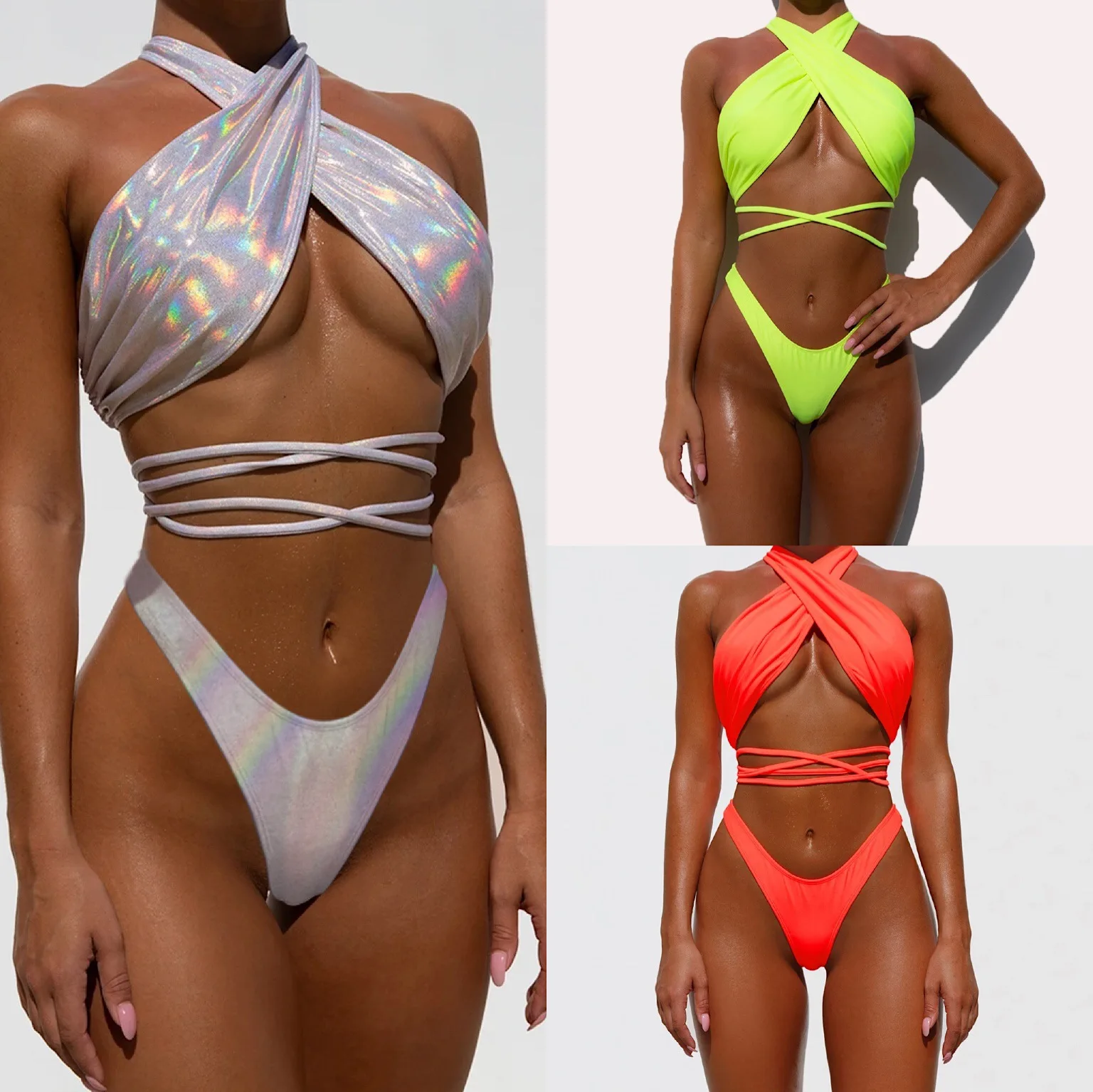 

Women Swimwear Cossbody Bandage Two Piece Suit Sequins Halter Thong Bikini Set Padded Swimsuit Woman Bathing Suit