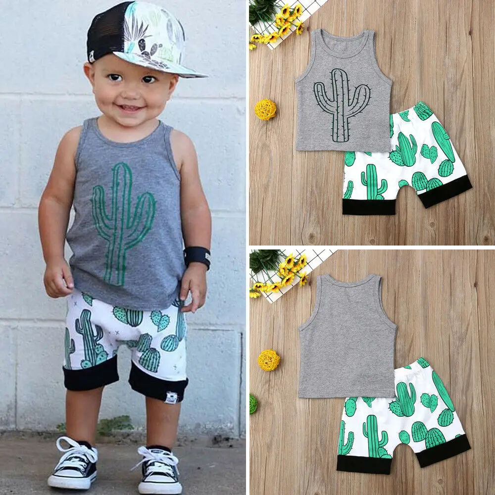 2PCS Baby Boy Summer Clothes for Toddler Newborn Kids Boys Cactus Sleeveless Tops T-Shirt Shorts Outfit Sunsuit |