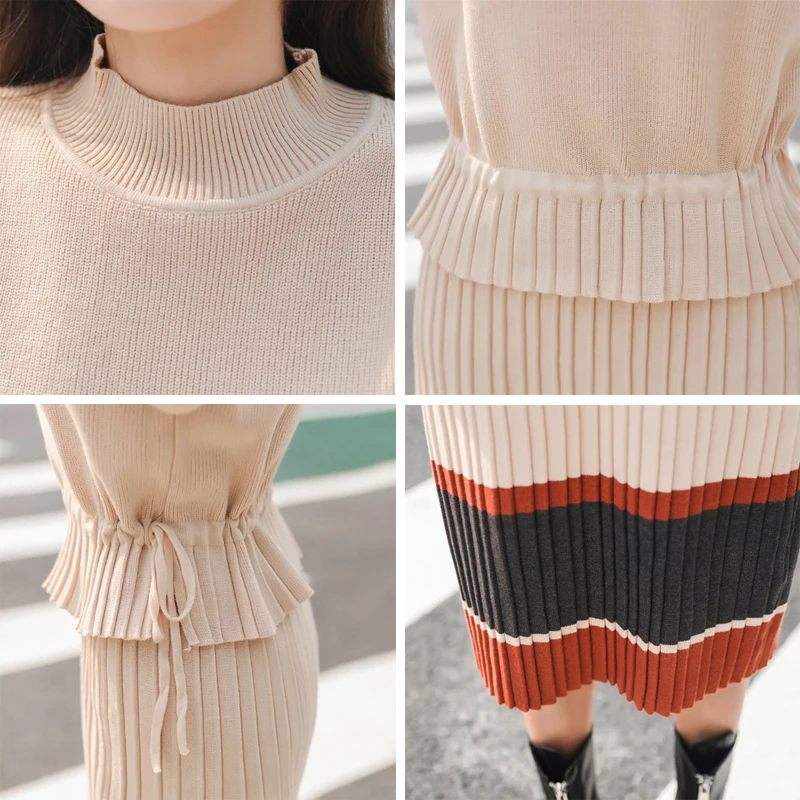 

Contrast Color Vintage Knitted Two-Piece Suits Women Slim Waist Long Sleeve Knitwear Pullovers And Mid-length Skirt Fashion Sets