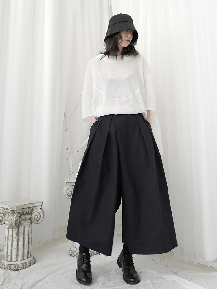 Yamamoto Black Capri Pants, high-waisted woman, slim, irregular, Japanese wide-legged Pants