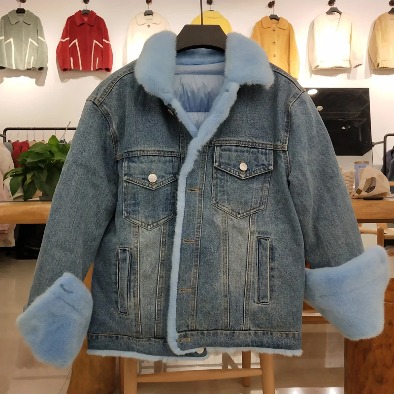 light blue Новинка, Брендовое пальто с натуральным мехом, зимняя куртка, женская джинсовая парка, натуральный мех норки, утиный пух, пальто, Толстая теплая уличная одежда, повседневная Роскошная - Цвет: light blue