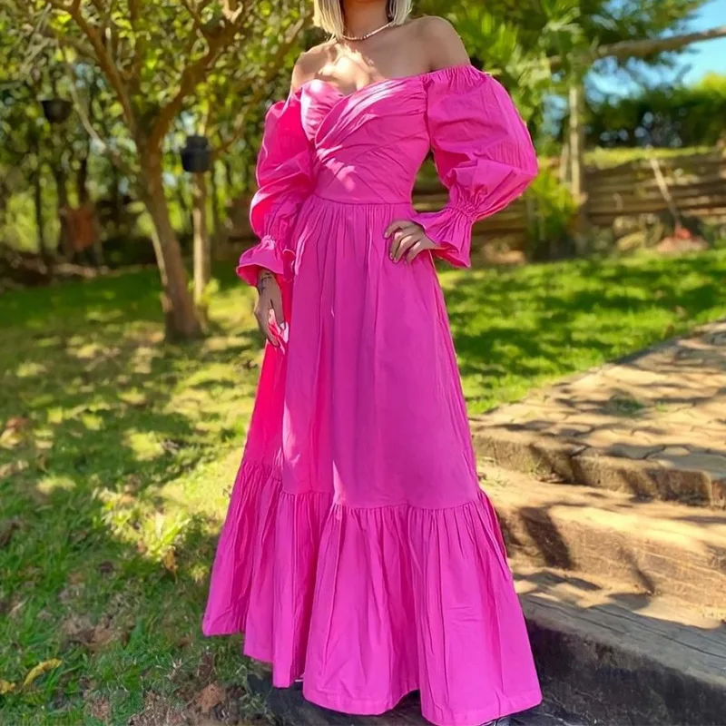 

Sexy Folds Cross V Neck Off Shoulder Long Dress Fashion Puff Sleeve Solid Retro Party Dress Women Elegant Backless Maxi Dresses