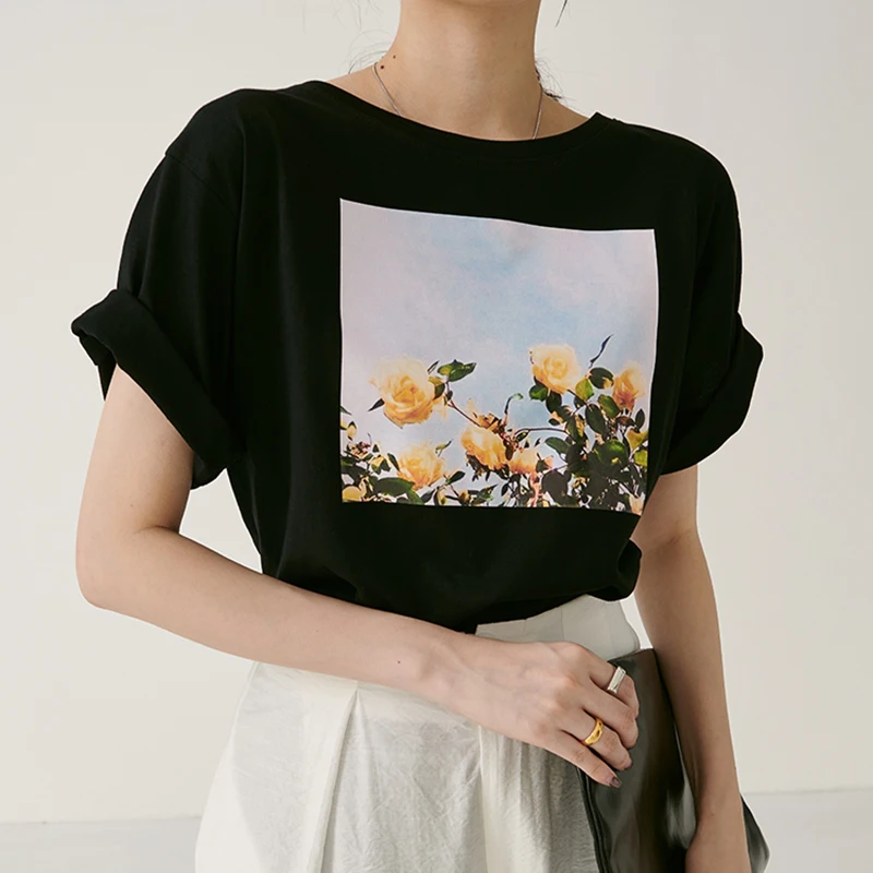 [EAM] New Spring Summer Round Neck Short Sleeve black loose patter printed personality T-shirt Women Fashion Tide JW877