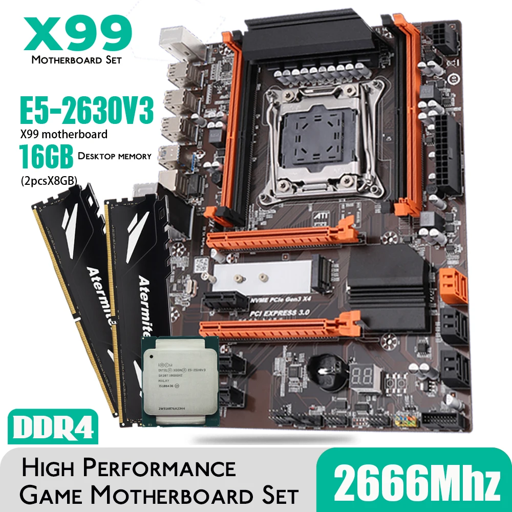 Комплект материнской платы Atermiter X99 Turbo DDR4 D4 с процессором Xeon E5 2630 V3 LGA2011-3 2 шт. X 8 ГБ =