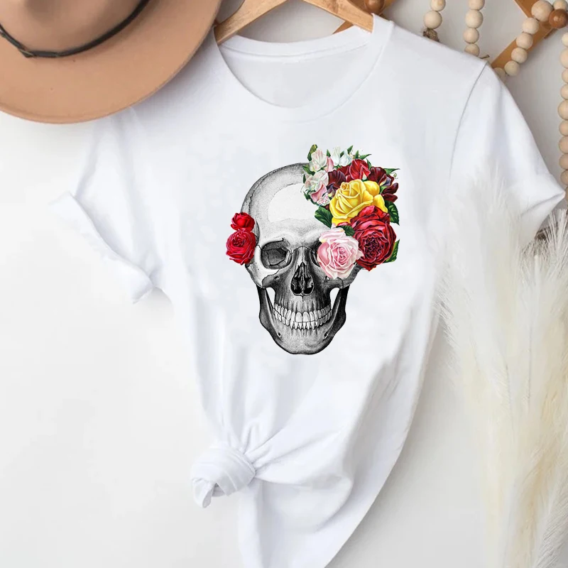 

T-shirts Women Floral Skull Fashion Funny Spring Summer Printing Clothes Stylish Tshirt Top Lady Print Girl Tee T-Shirt