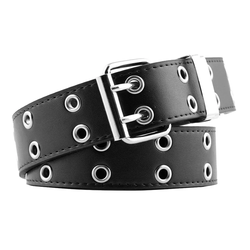 

Unisex Fashion pu Leather Waist strap teenager Punk style double row hole Pin buckle belt jeans trouser Pant Waistband accessory